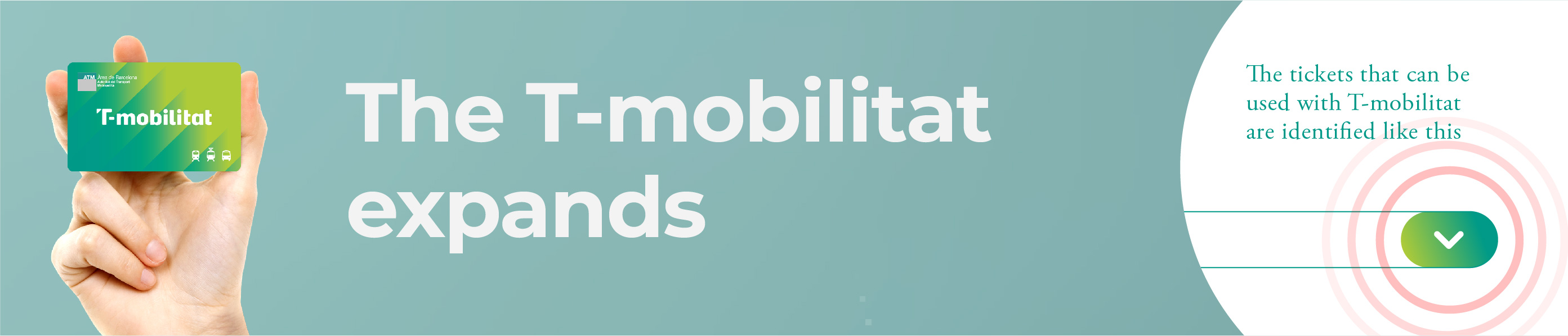 Adult holding a T-mobilitat transport title. All information about the titles available with T-mobilitat can be found in the drop-down blocks represented with a gradient of the same color as the T-mobilitat website.